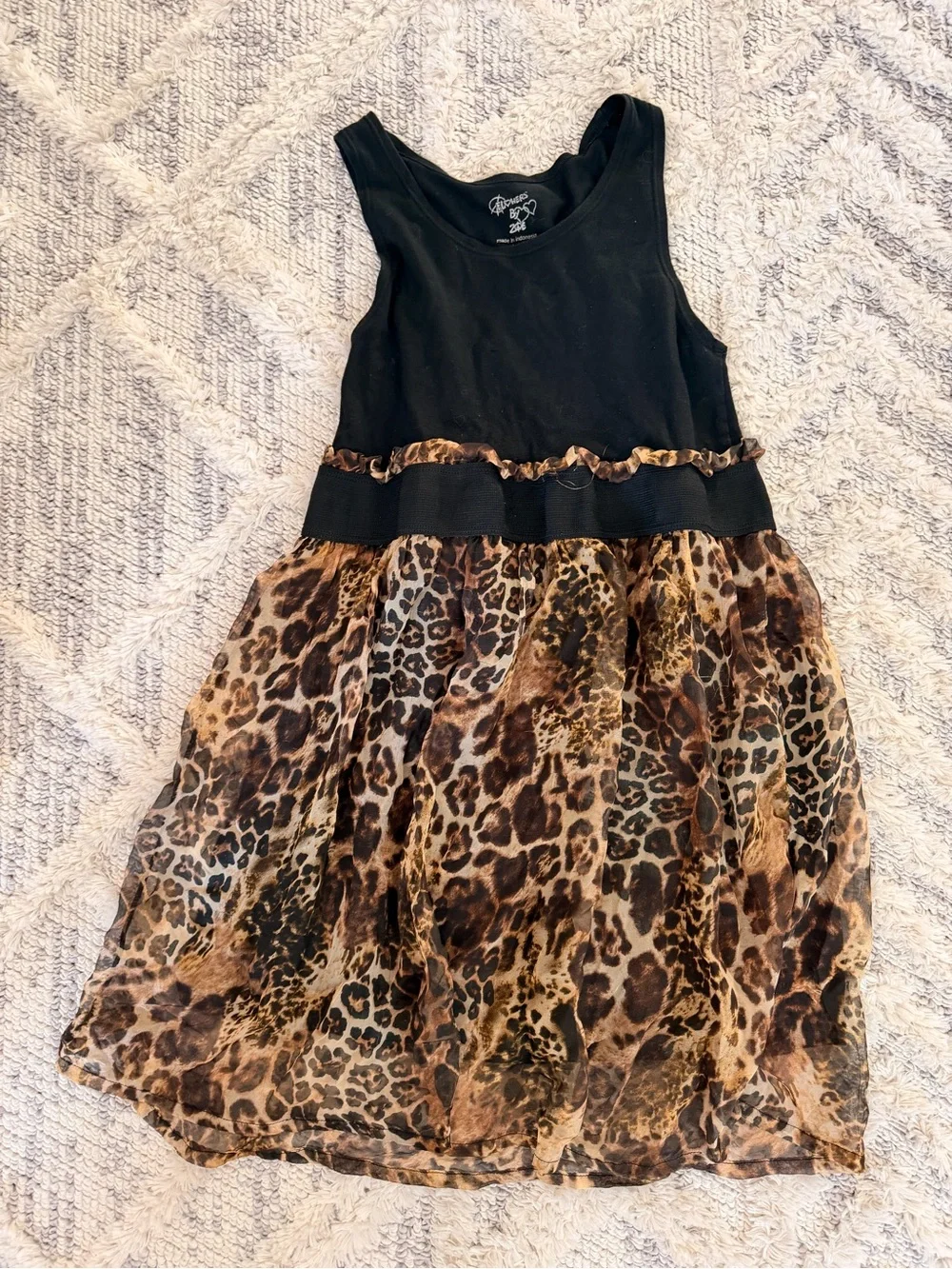 Girls Black Tank Dress with Leopard Print Skirt